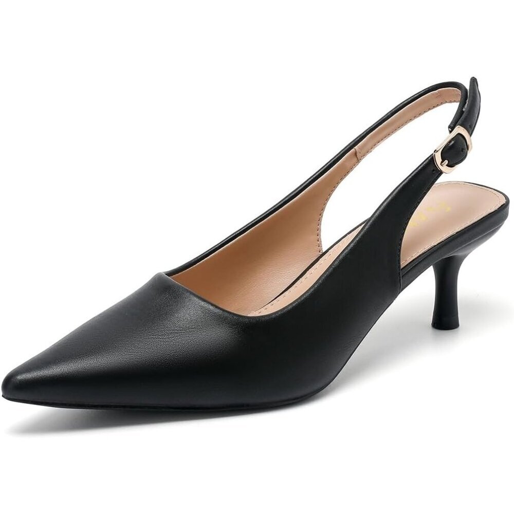 Amoji Women Black-Pu Polyurethane Low Kitten Heel Slingback Pointed Toe Sandals
